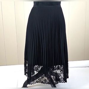 Apostrophe Stretch Black Knee Length Accordion Pleat Lace Trim Midi Skirt